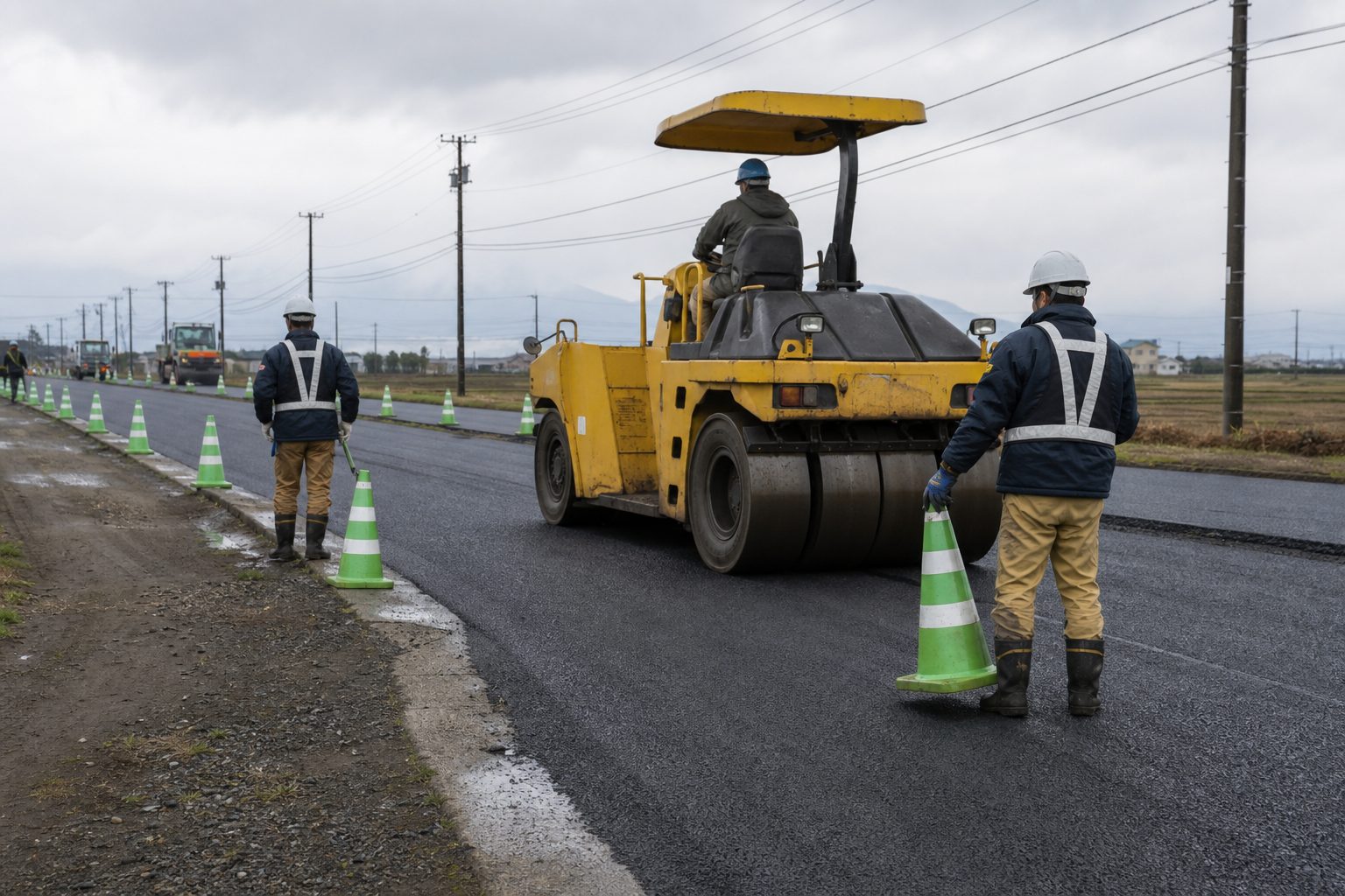 新潟市郊外の道路改良工事で作業する三鷹興業の社員